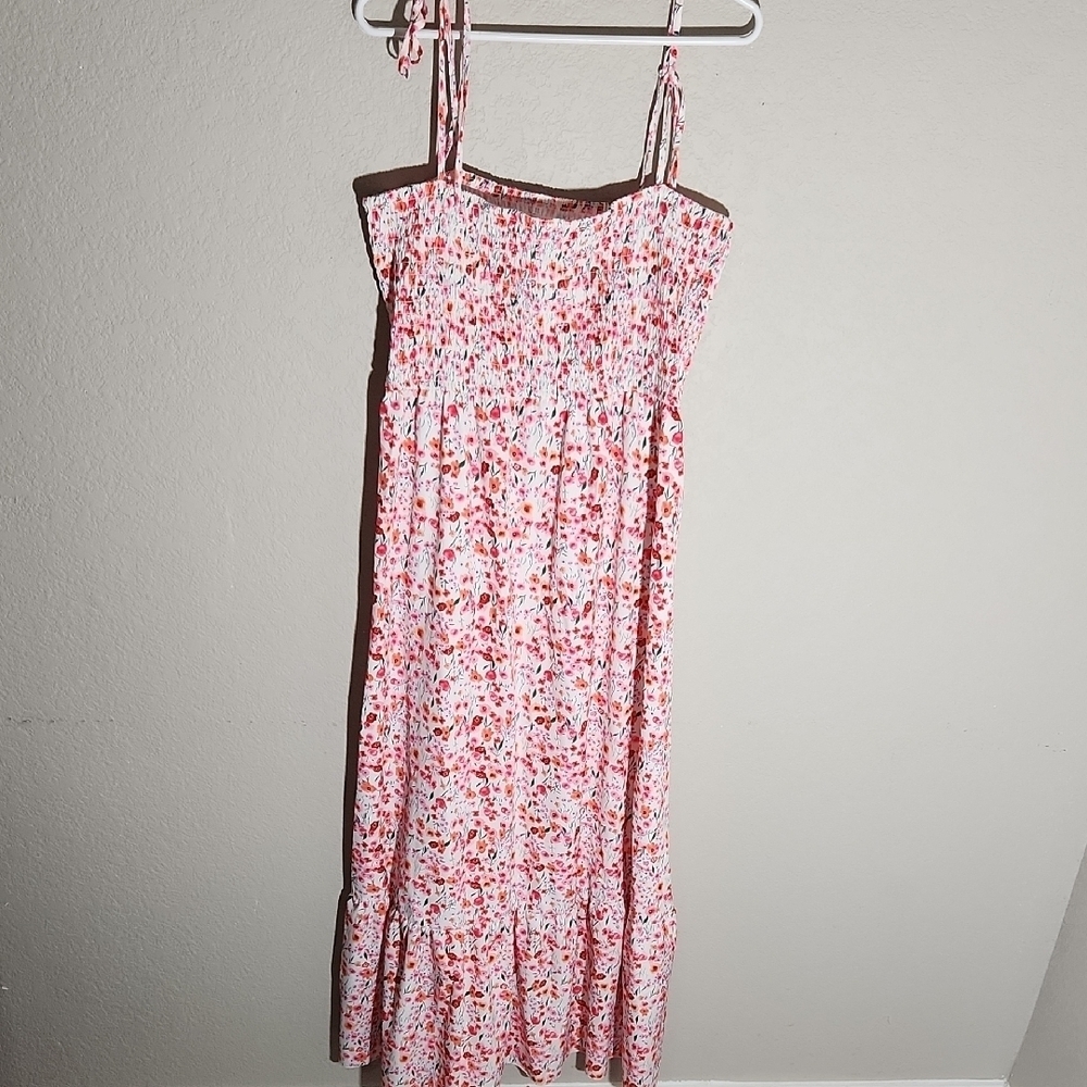 Floral Smocked Dress Womens Size XL Floral Pink Red Sundress Maxi